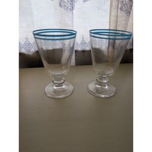 Pair Vintage Clear Footed Goblets Aqua Blue Double Rim Stripe Water Wine Glasses